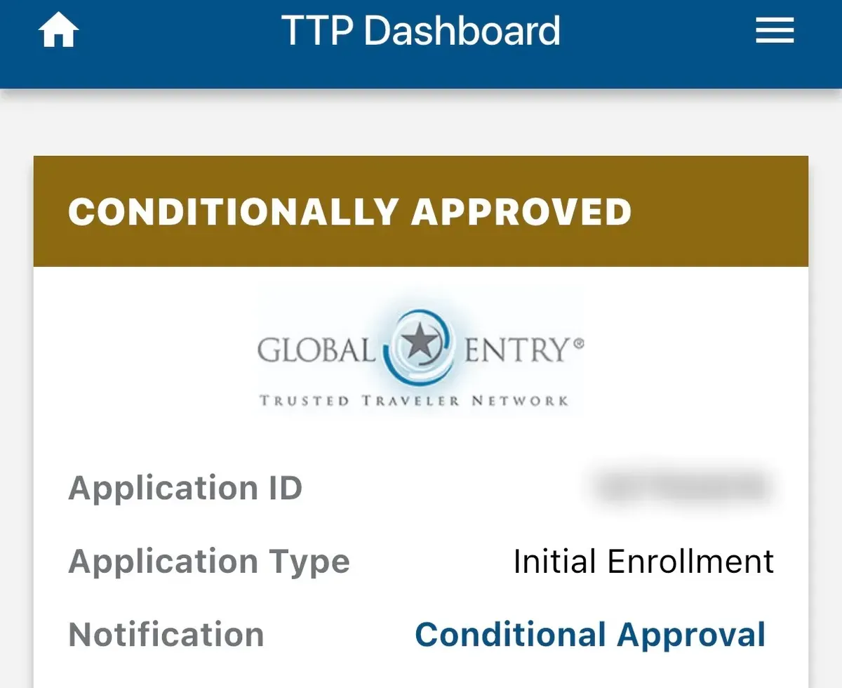 グローバルエントリーのアプリに「CONDITIONALLY APPROVED(条件付き承認)」と表示された画面