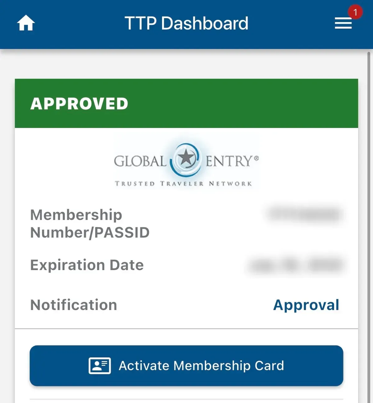 グローバルエントリーのアプリの「Activate Membership Card」ボタン