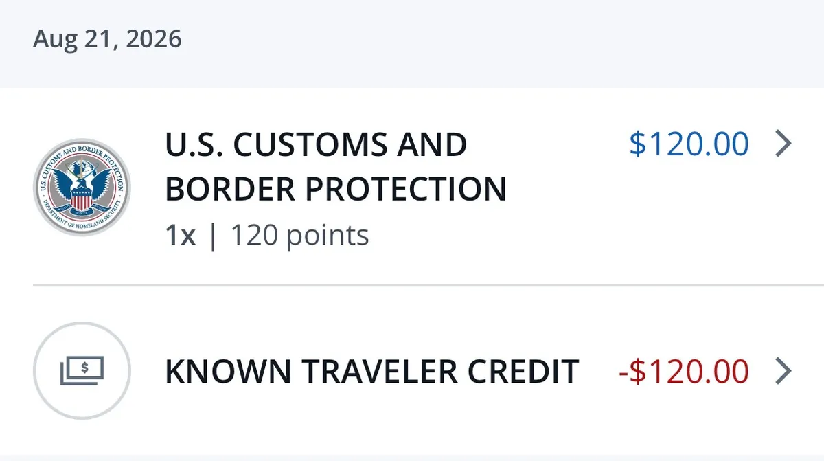 チェイスのアプリの明細に、申請料$120と「KNOWN TRAVELER CREDIT」の-$120が並んでいる画面
