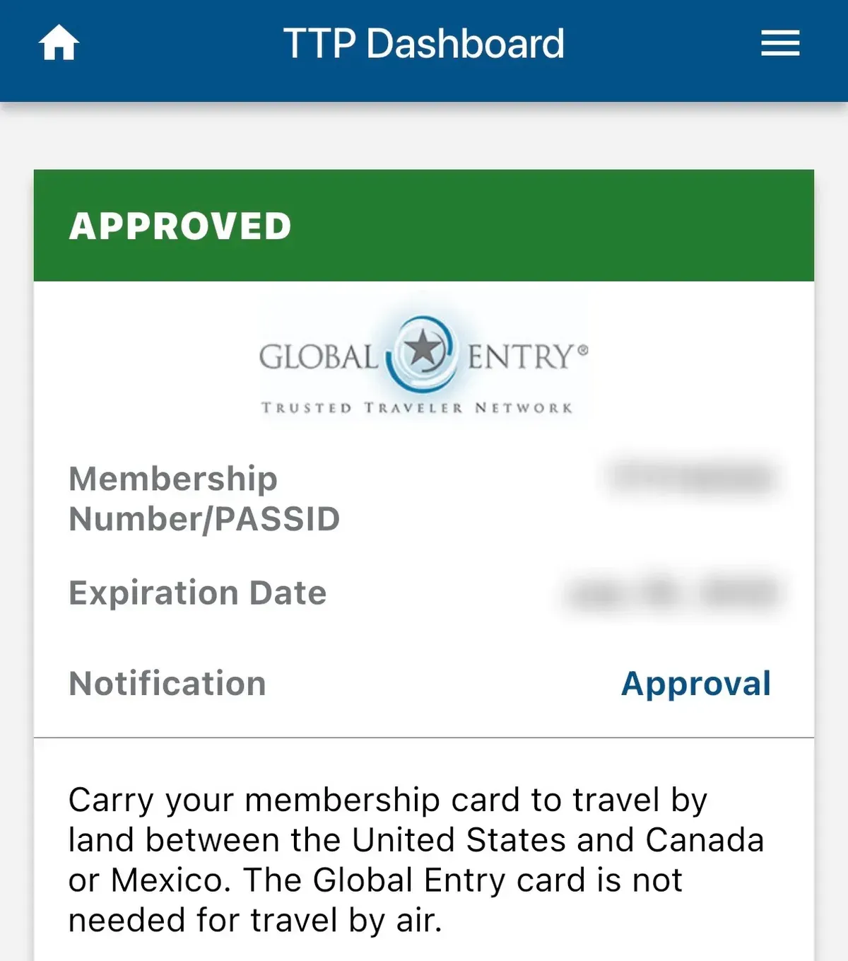 グローバルエントリーのアプリに「APPROVED(承認)」と表示された画面